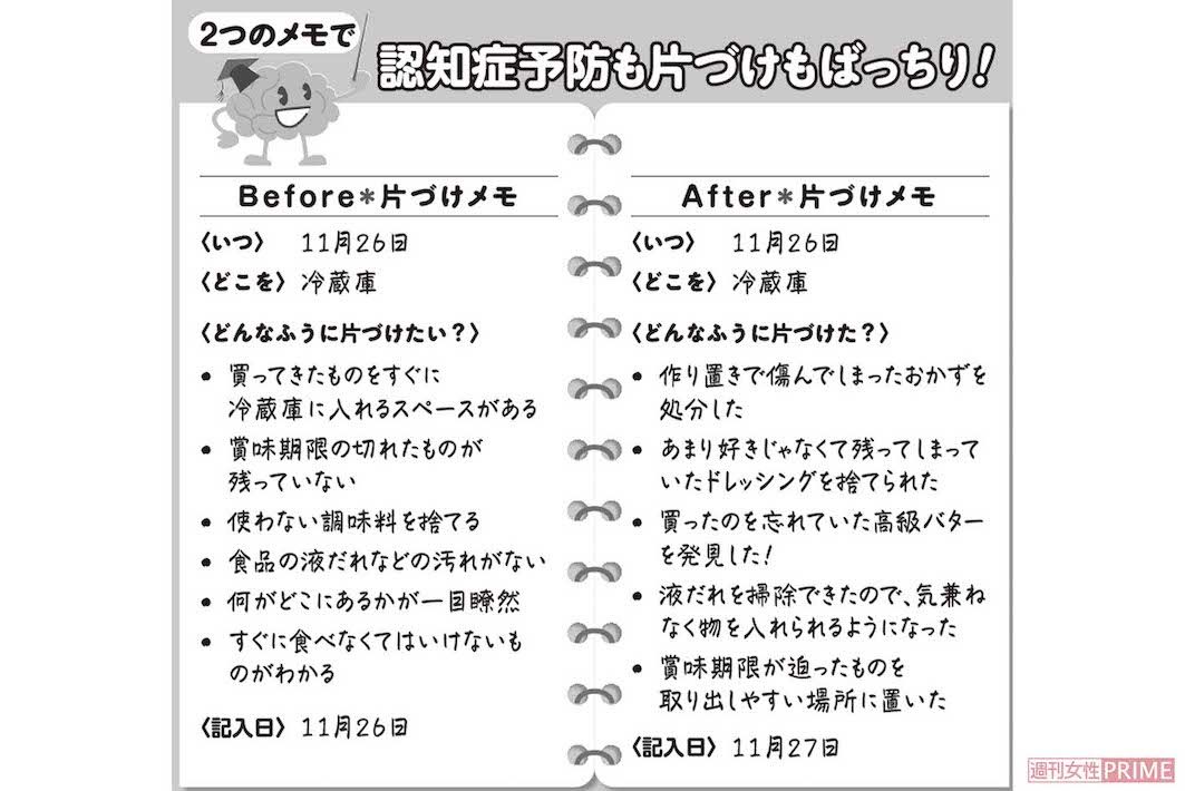 2つのメモで認知症予防も片づけもばっちり！「BeforeとAfterをノートに見開きで書くことで、どんな計画を立てて片づけたのかを振り返りやすくなります。完璧じゃなくても良いので、まずは箇条書き程度から気楽にトライしましょう。スマホのメモ機能に記録してもOK」（高橋さん）
