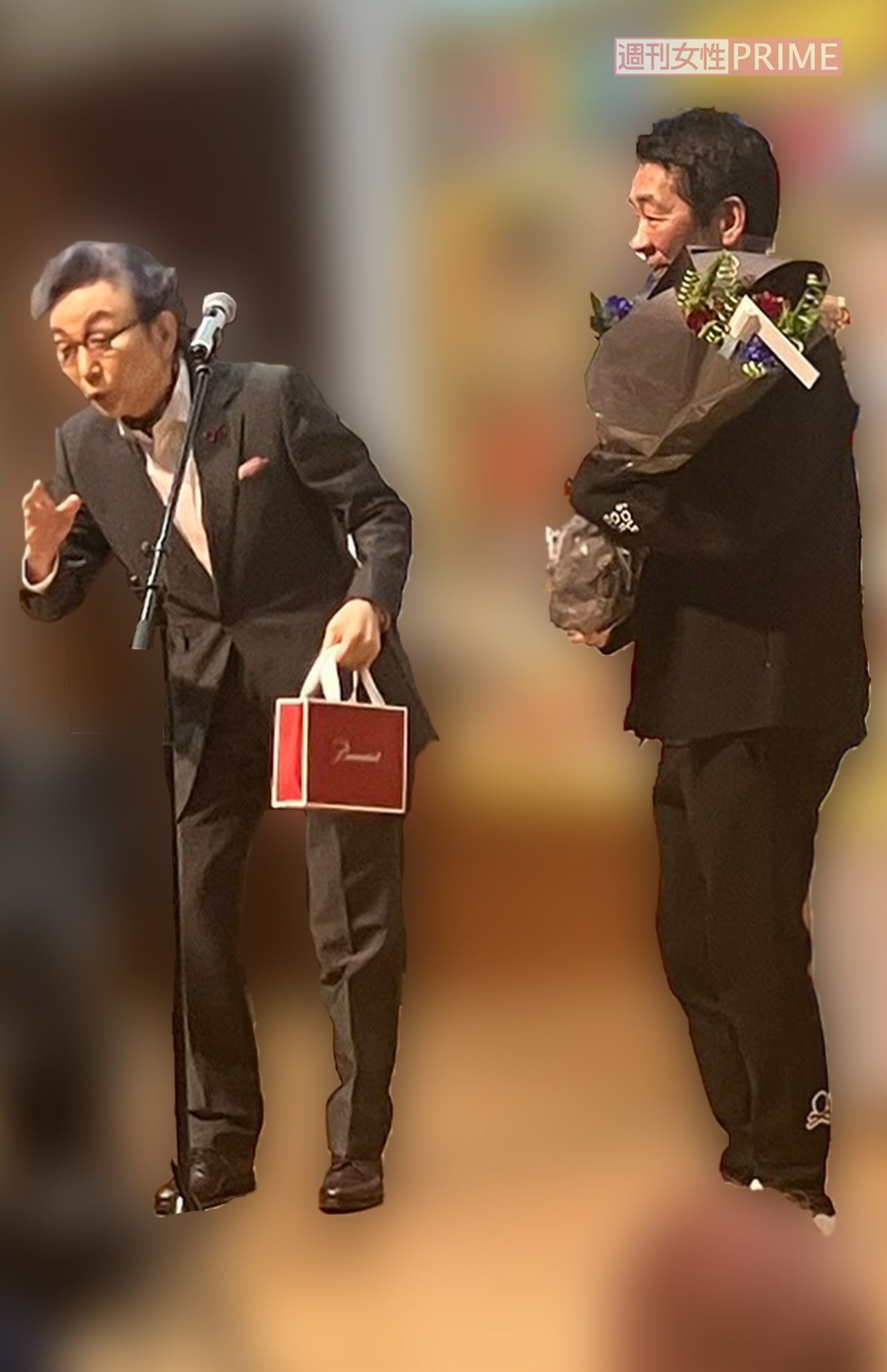 『ミヤネ屋』打ち上げで、宮根誠司に花束贈呈してスピーチする古舘伊知郎