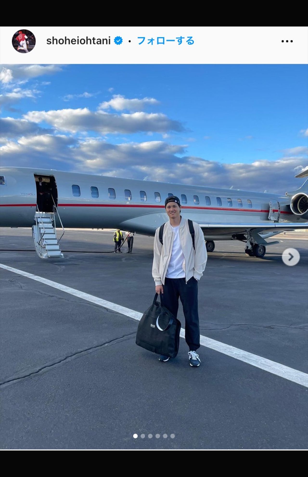 2023年、WBCに向け片道4000万円超えのチャーター機で帰国した大谷（本人のインスタグラムより）