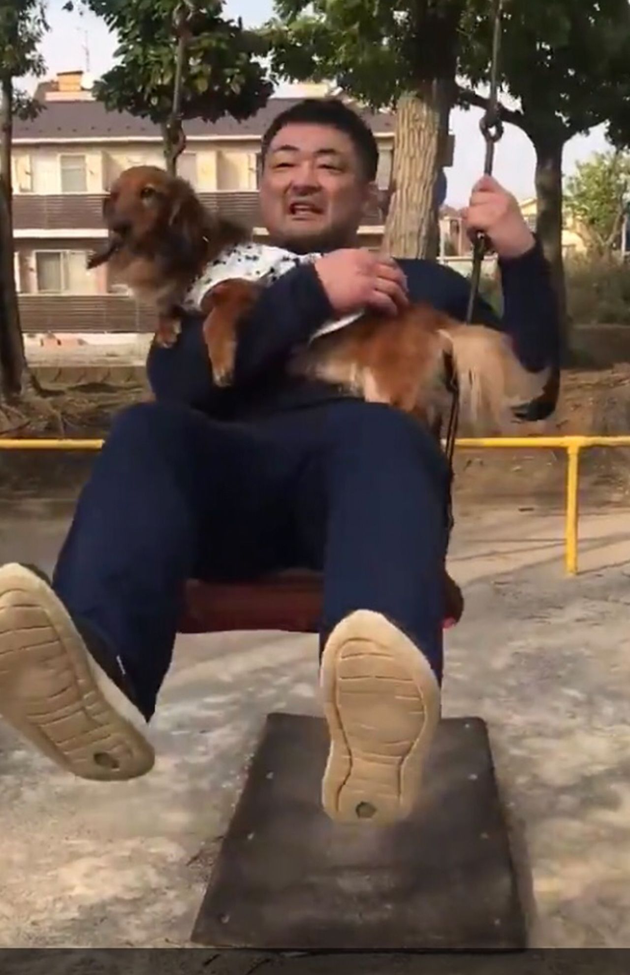 公園で犬を抱っこしてブランコを漕ぐ（本人のSNSより）