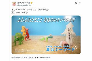「シーフードヌードル」のCMに出演している吉田沙保里。“ほぼイカ”のキャラクターにタックルする場面も（カップヌードルの公式Xより）