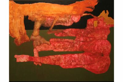 『asleepinglady』。全裸で横たわる女性に不気味な化け物が手をかける（伊藤容疑者がHPに掲出する作品集より）