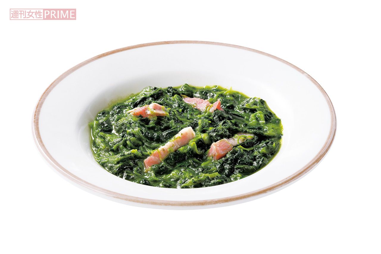 とろとろに煮込む南イタリア家庭の伝統調理法。ベーコン入り。『ほうれん草のくたくた』300円