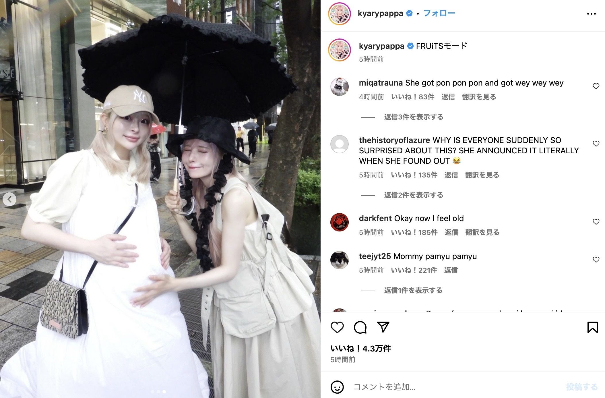 「元カノと元カノだ」妊娠姿のきゃりーぱみゅぱみゅと益若つばさ（公式インスタグラムより）