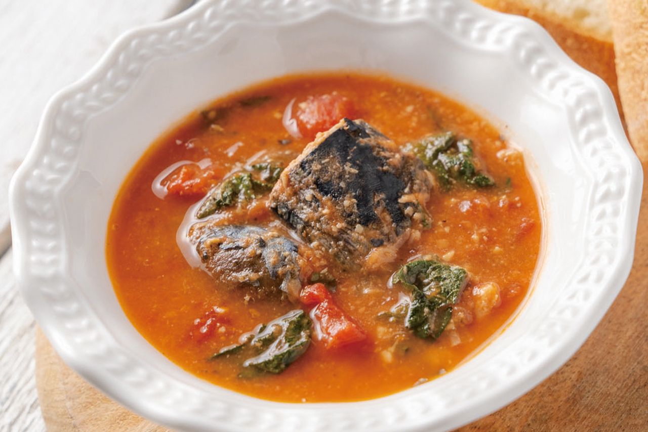 さばとトマトと大葉のスープ