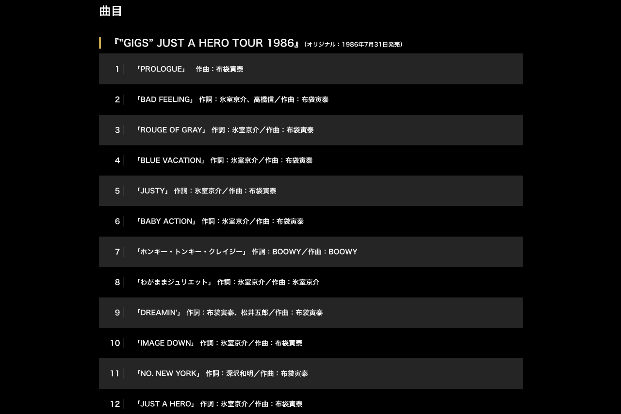 BOOWY『“GIGS” JUST A HERO TOUR 1986』40THの曲目（ユニバーサルミュージックジャパンより）