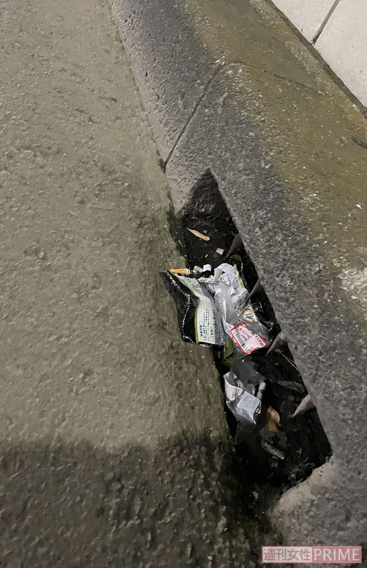 道路の隙間にはゴミが放置されていた