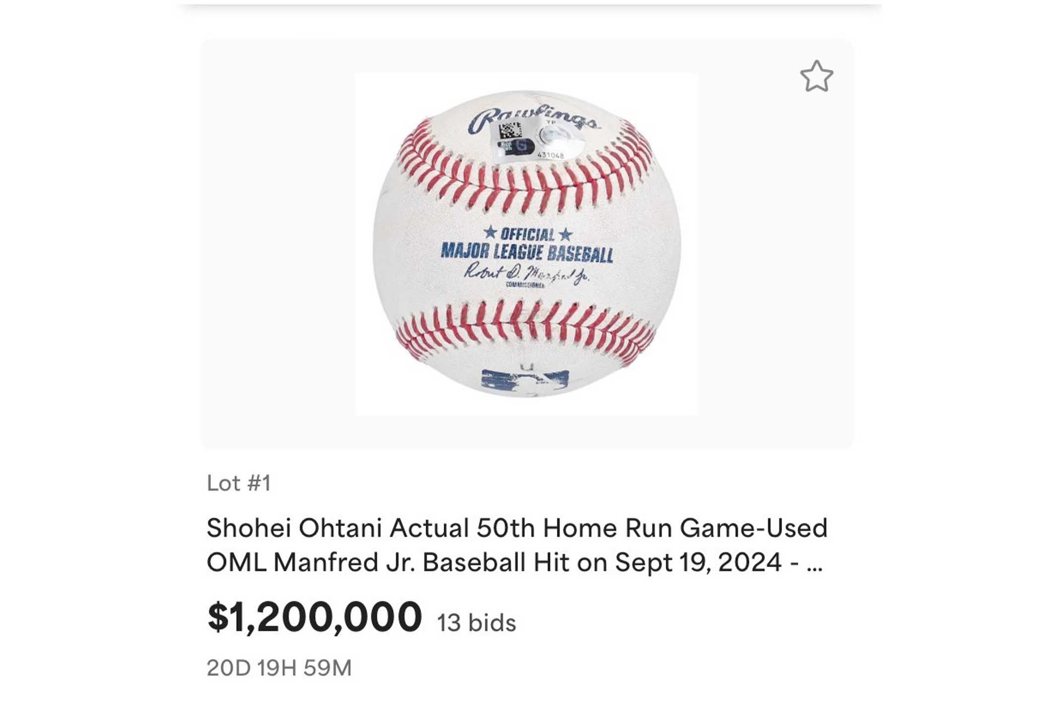 オークションに出品された大谷の50号記念ボール（『Goldin』HPより）