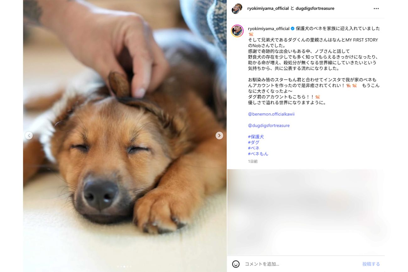 新しい家族を紹介した三山凌輝（本人インスタグラムより）