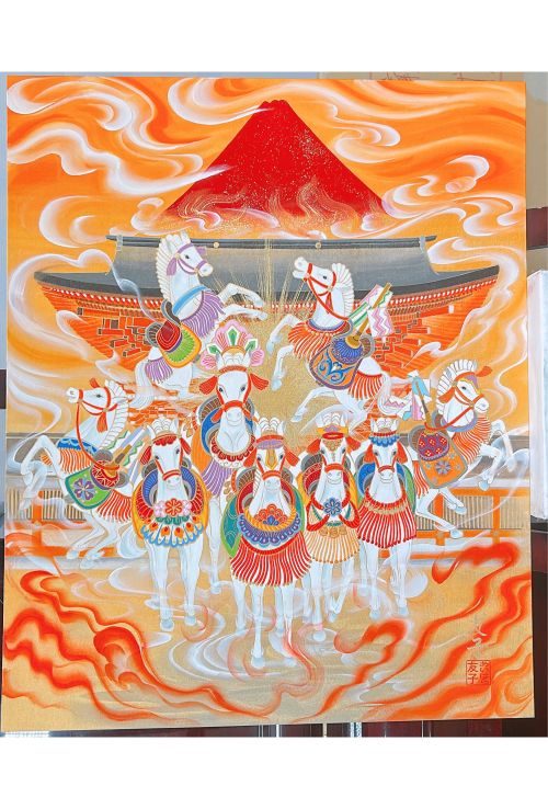 タイトル『赤富士に九頭の神馬（うまくいく）』