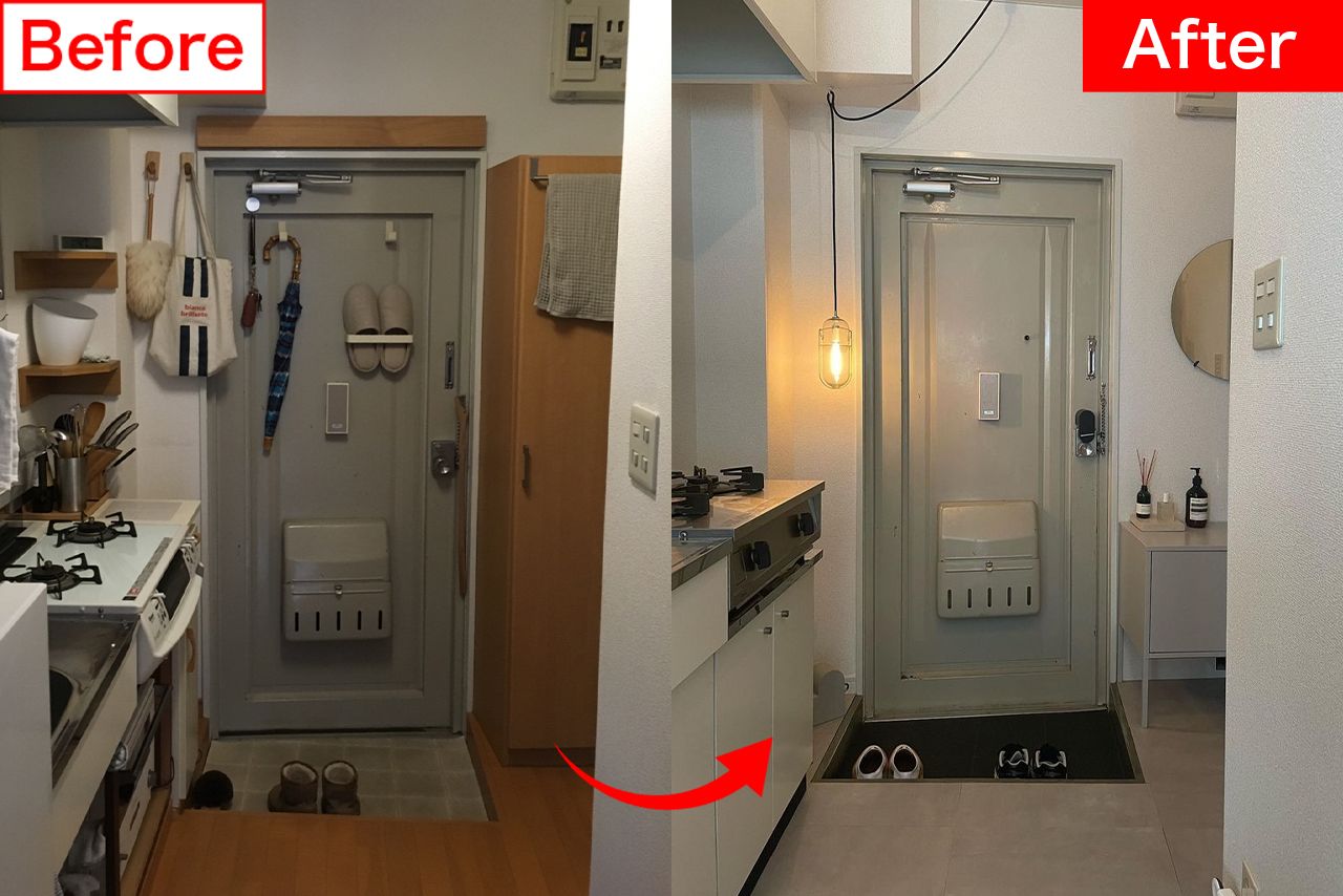 必要なものだけとはいえ、雑然としていた玄関。靴も厳選して、収納もコンパクトなものへと変更。季節の花を飾ることも忘れない