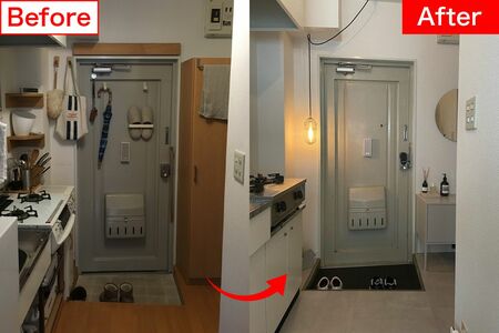 必要なものだけとはいえ、雑然としていた玄関。靴も厳選して、収納もコンパクトなものへと変更。季節の花を飾ることも忘れない