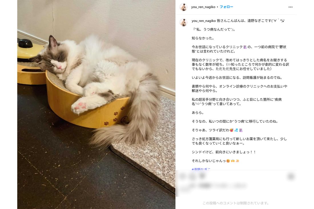 6月26日の投稿では「うつ病」を患っていることを明かしていた（遠野なぎこさんインスタグラムより）