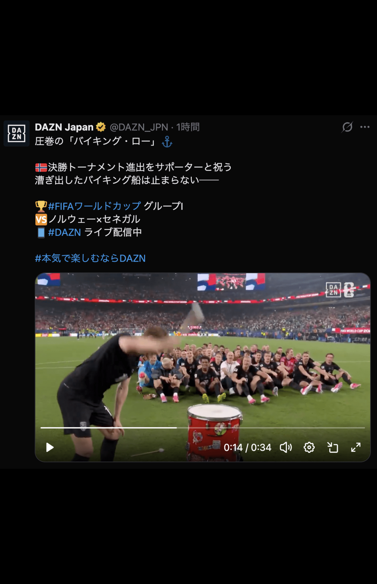 グループリーグを突破し勝利の「バイキング・ロー」をサポーターと祝ったノルウェー代表（DAZN公式より）