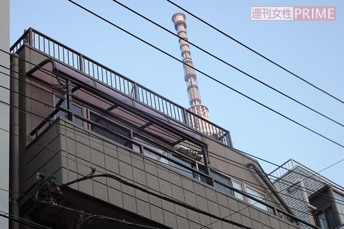 飲み会会場となった民泊施設。裏には東京スカイツリーが見える