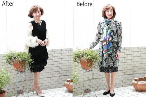 川邊さんがトータルコーディネートした常連客・小山さんのヘア、メイク、ドレスアップのビフォー（右）アフター（左）