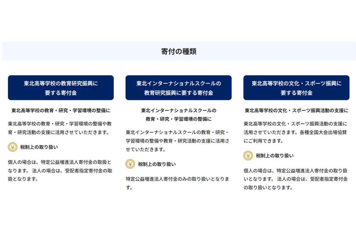 東北高校の寄付は3種類（公式サイトより）