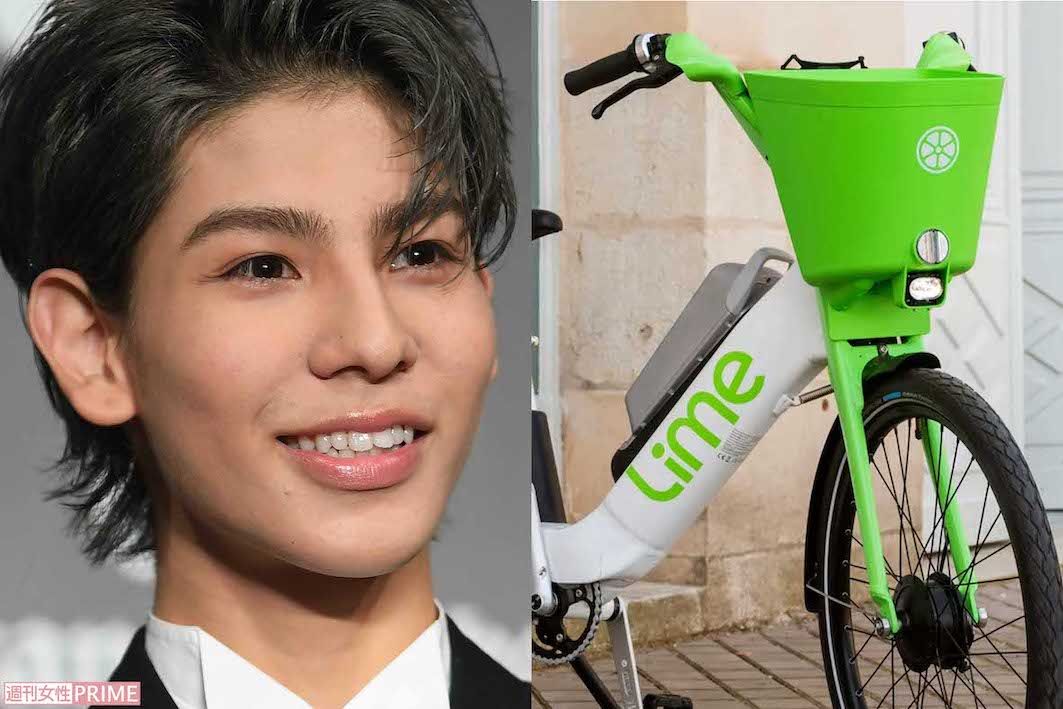 Snow Manのラウールと、日本展開が発表された電動アシスト自転車『LimeBike（ライムバイク）』（公式サイトより）