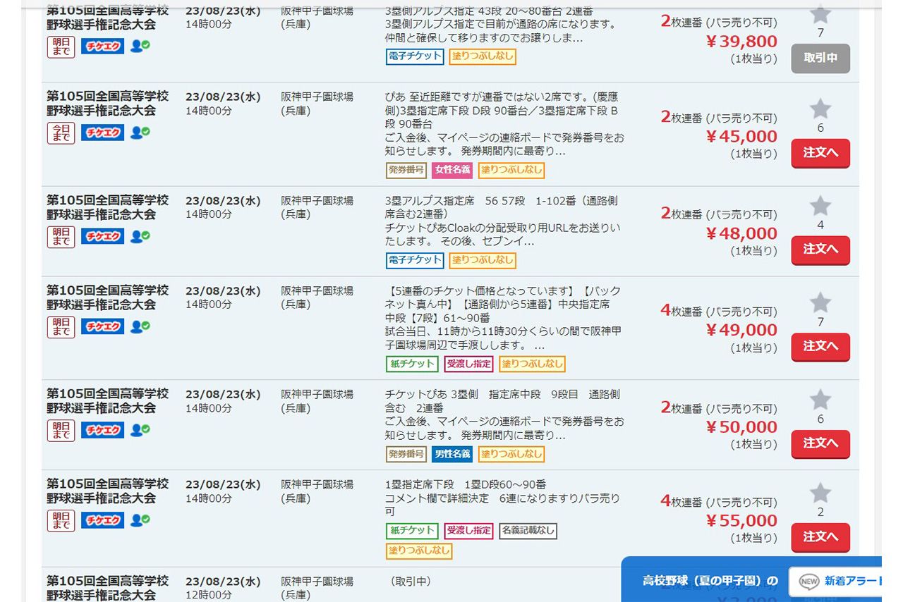 甲子園チケット転売問題。転売サイトでは高額で取引されて……