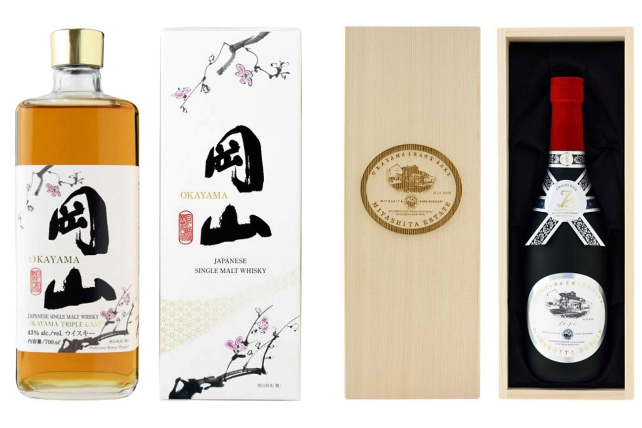 岡山県にある宮下酒造のウイスキー（左）。大谷がプレゼントしたボトルのデザインは、右の日本酒に近いようだ（宮下酒造HPより）