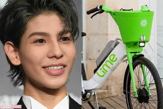 Snow Manのラウールと、日本展開が発表された電動アシスト自転車『LimeBike（ライムバイク）』（公式サイトより）