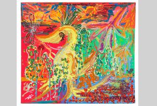 『火のトリ』「僕の中ではまさに爆発的な絵です。仕事の最中に頭のなかがいっぱい、いっぱいになったときに中断して、近くにあった段ボールに描きなぐりました。絵を描くときは、もっと遠くに羽ばたきたいという思いが心に煮詰まります。それが羽ばたいたときに次の段階に進みますが、これはそういう絵です」（本人談）