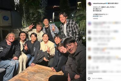 日本ハムファイターズの中島卓也選手が投稿した、上沢直之投手らが顔を揃えた集合写真（公式インスタグラムより）