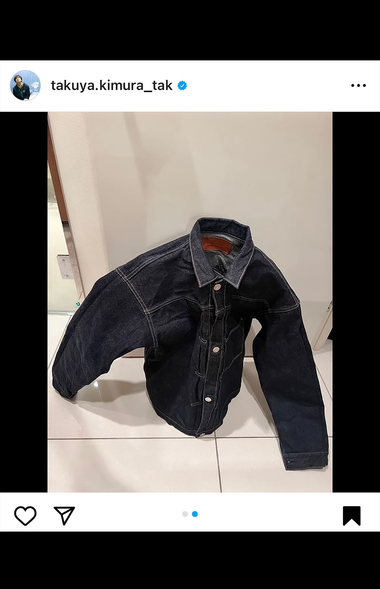 「SubCulture」ジャケット　￥66,000 糊づけをしたジャケットに“クララ並みの立った！”と大興奮。洗濯を控えるという、上級者ぶり　木村拓哉公式インスタグラムより