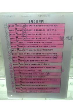 小柳のサッカーテレビ観戦予定表。毎日、自分で見たい試合をチェックし、見た試合は塗りつぶしている