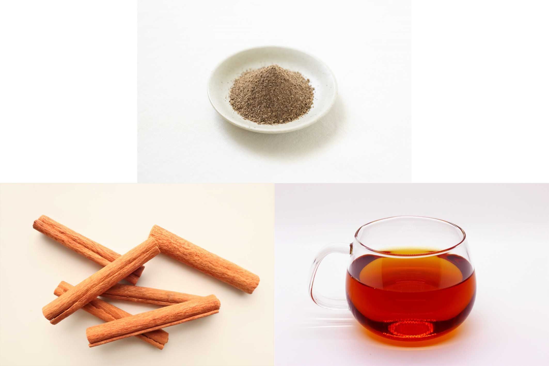 左下から時計回りでシナモン、ヒハツ、ルイボスティー