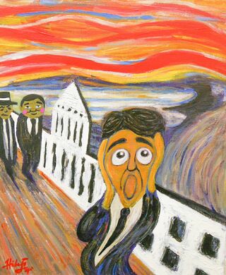 アベさんの「文句の叫び」国内版　耳をふさぐ安倍首相らしき人物の後ろには、麻生太郎、石破茂風の2人が。「この2人が仲よくなったら安倍さんは頭が痛いでしょう」　『永田町絵画館』より