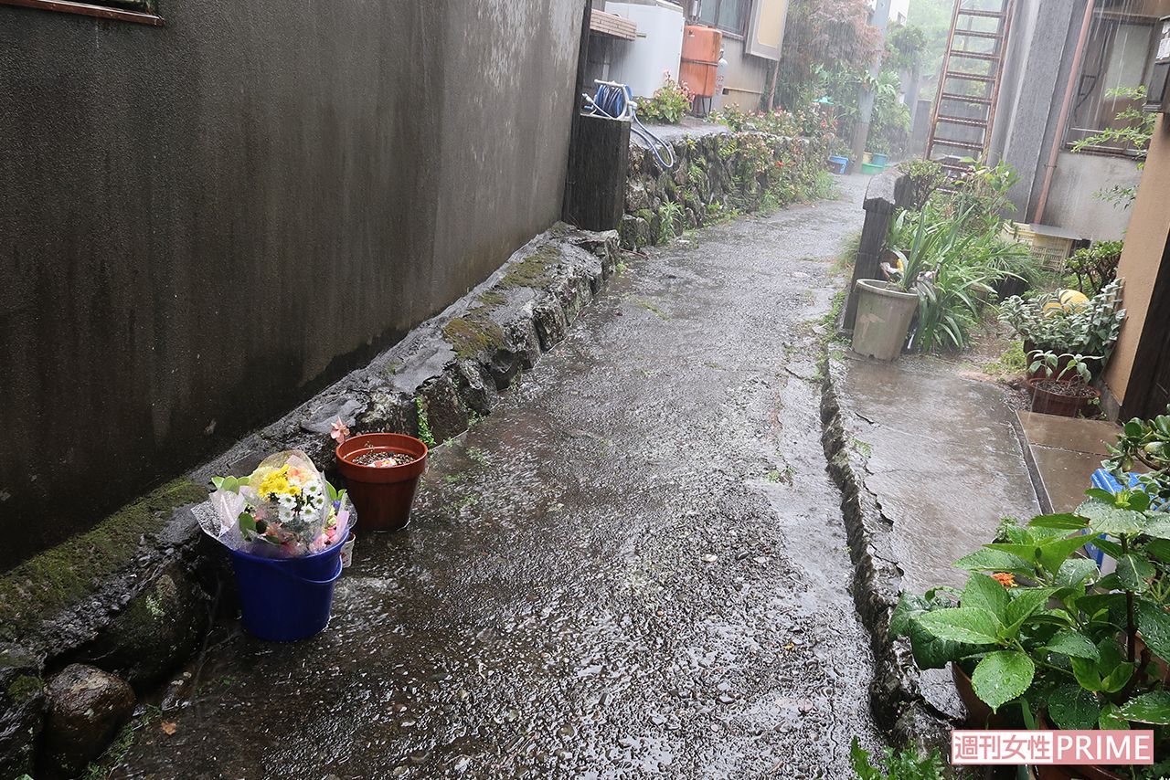 凶行の現場となった住宅街の狭い路地。供えられた花が雨に濡れていた（沼津市内）