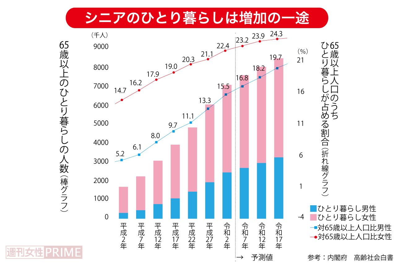 シニアのひとり暮らしは増加の一途　参考：内閣府　高齢社会白書
