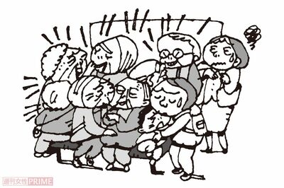 3.待合室が高齢者クラブ化している（イラスト／小島サエキチ）