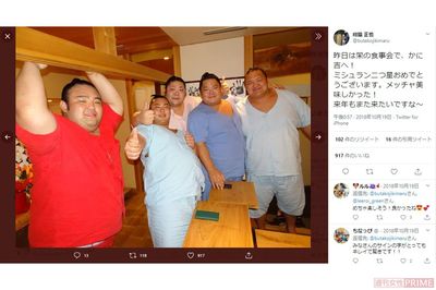 翔猿のツイッターに投稿された母校の埼玉栄出身力士たちの集い。角界に最も多くの力士を送り込んでいる名門高校でもある