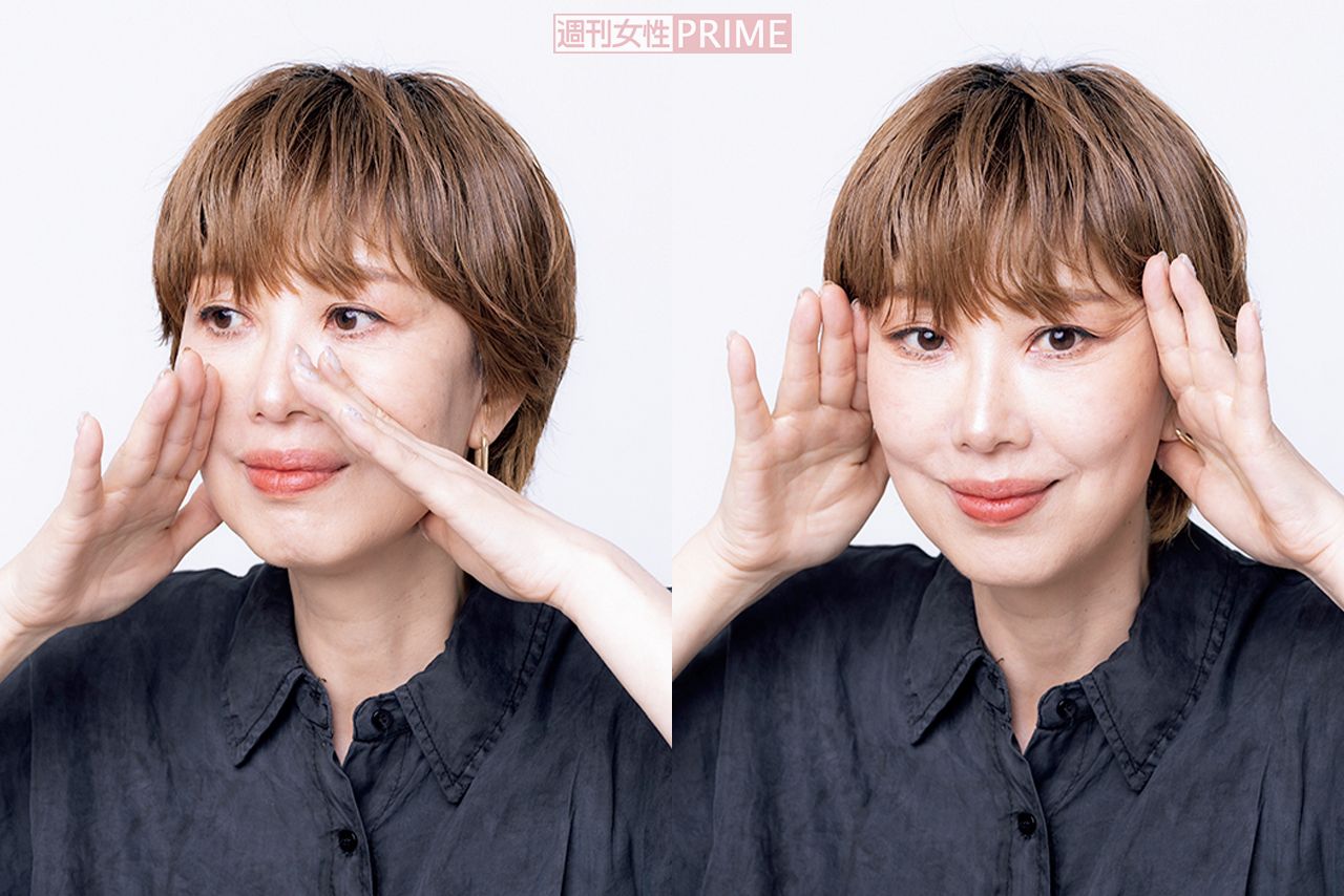 ケア2：頬肉をギュッと引き上げてたるみを改善　撮影／矢島泰輔