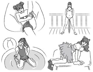 作品A・Bの映像をイラストにしたもの。左上／片脚を抱え込んで大きく開脚。胸元の露出も過激（作品A）　右上／立てたフラフープをまたぐ少女。腰を左右に揺する（作品A）　左下／家庭用プールで水着が濡れる。股間は開きぎみだ（作品B）　右下／ミニスカートで四つん這いポーズ。メイド服に猫耳をつけて（作品B）