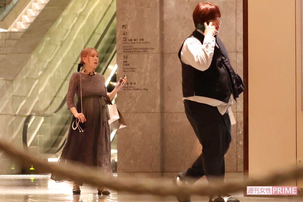 妊娠を公表しているタナカガは、ドレスを着たお腹がふっくらしていることがわかる