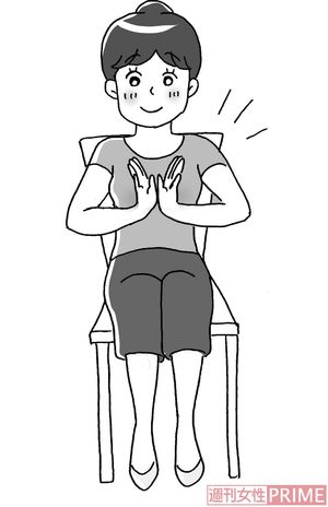 オプション　ひじをあげてたたくことで前腕にタテ刺激が伝わる　座ったままで「手のひらコツコツ」　イラスト/赤松かおり