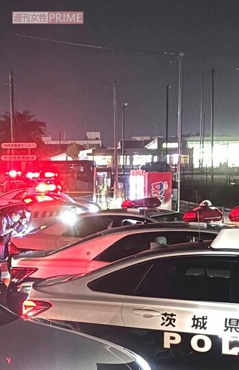 坂田武男容疑者が電話ボックスから110番通報後、身柄を拘束されたとみられる瞬間。パトカーが5、6台出動し、画像奥のパトカーの後部座席に乗せられたようだという。（読者提供）