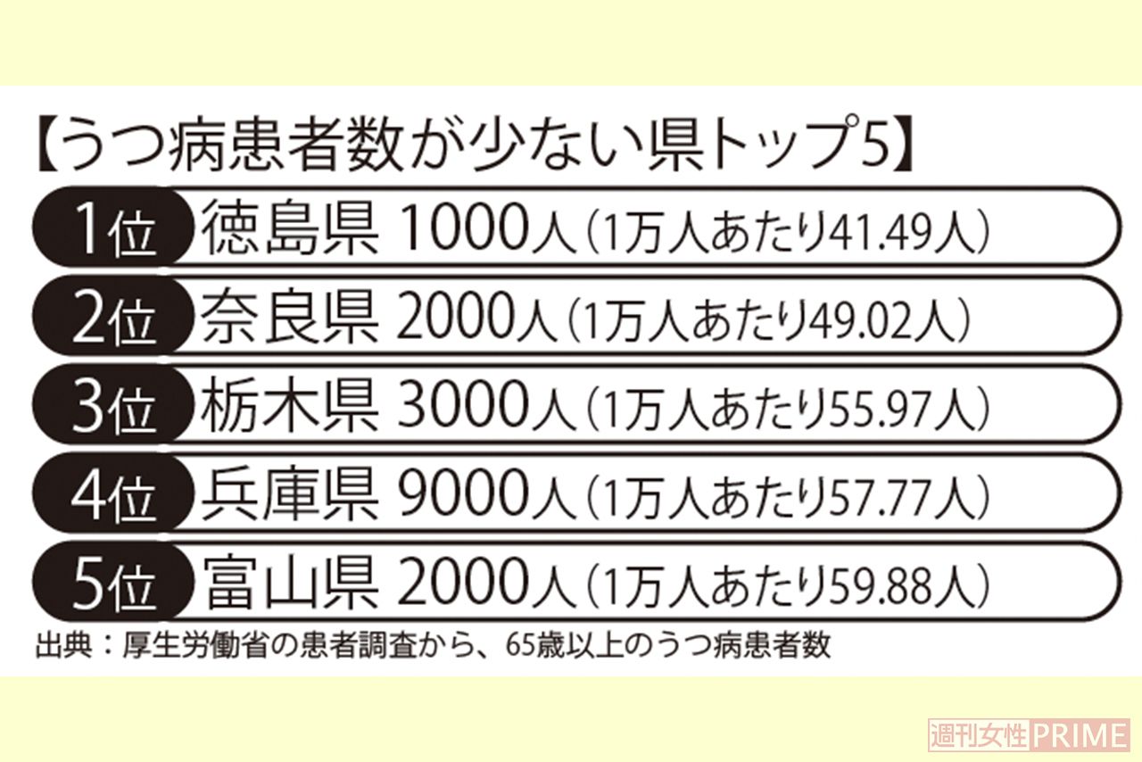 うつ病患者数が数ない県トップ5