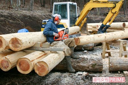 2007年3月から丸太小屋造りを開始。重量4トンのユンボ、その名も「鉄人」で丸太を吊って積み上げた