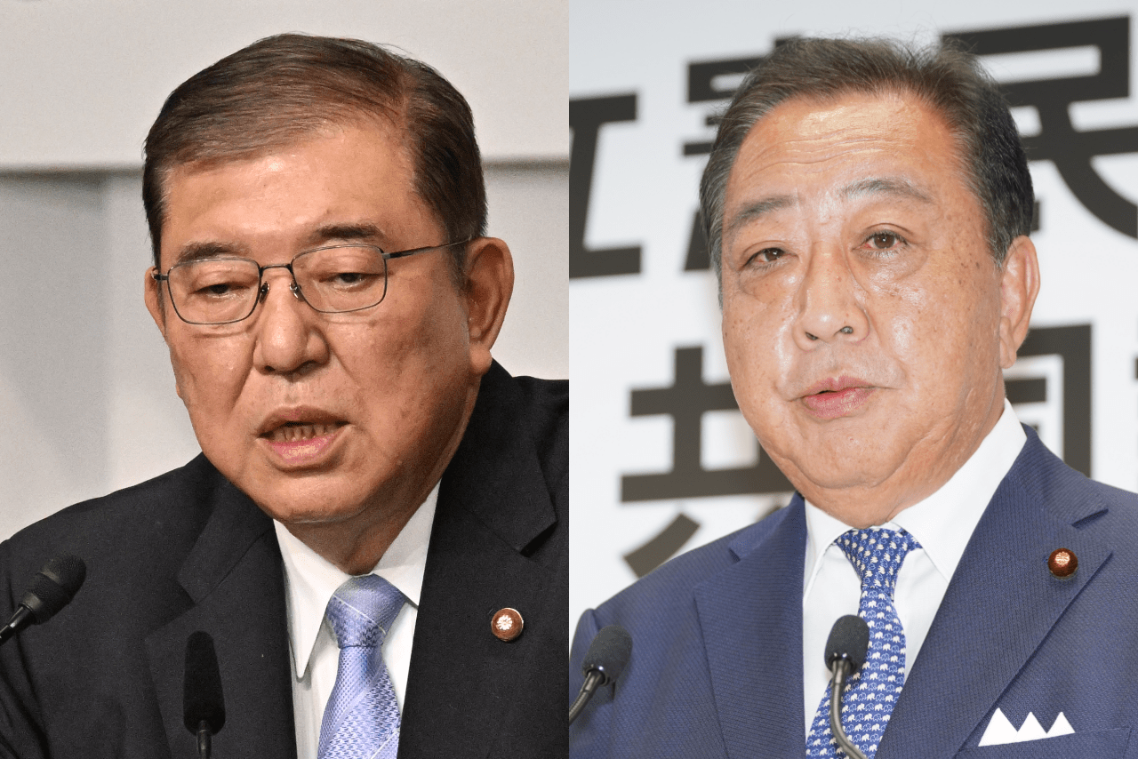 9月27日、決選投票を経て、自民党総裁に選出された石破茂氏（左）9月23日、立憲民主党の新代表に選出された野田佳彦氏