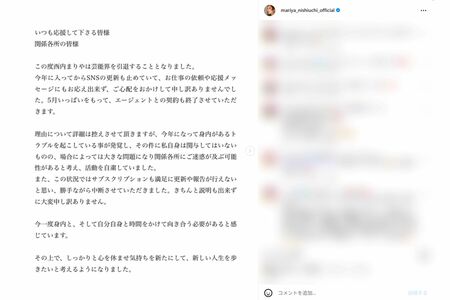 芸能界引退を発表した西内まりや（本人インスタグラムより）