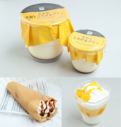 上／通常サイズ(右)と比較すると、その大きさは歴然。『大きな窯出しとろけるプリン』343円。左下／種子島産の安納芋を使用。『クリームたっぷり！　スイートポテトのクレープ』276円。右下／トロリとしたベースに香り豊かなマンゴーがマッチ。『ラッシー風スイーツ　マンゴー仕立て』212円（すべてファミリーマート）