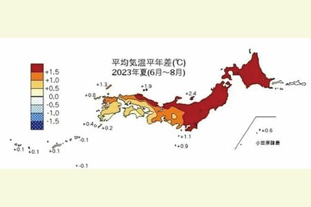 2023年夏の平均気温平年差（出典：気象庁）