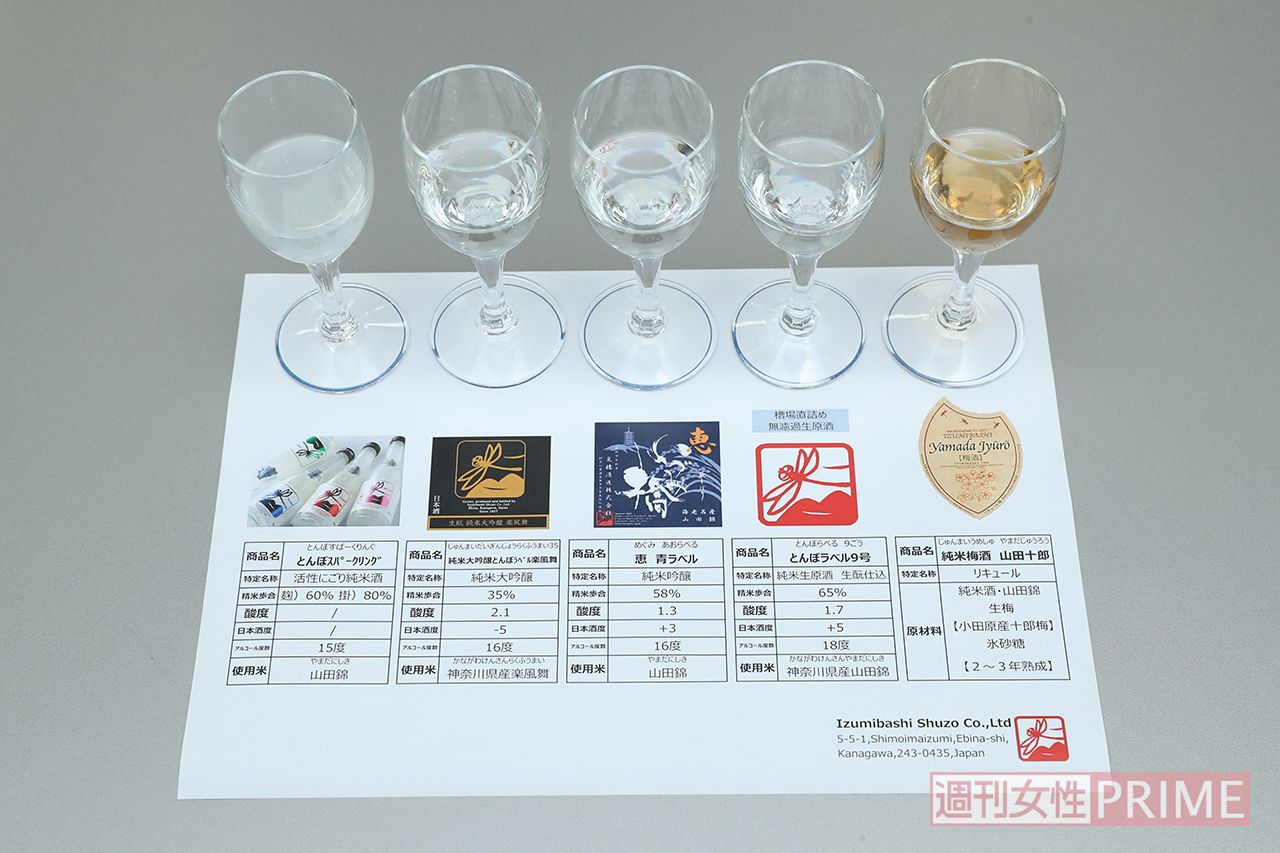 「純米大吟醸とんぼラベル楽風舞」から「純米梅酒 山田十郎」（リキュール）まで、5つのお酒を飲み比べ！