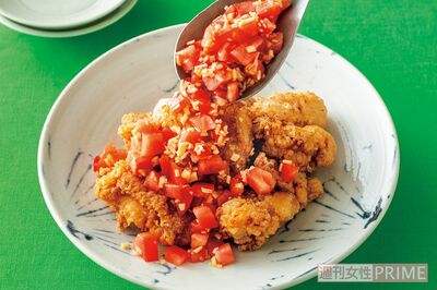 鶏の唐揚げのトマトしょうが酢たれ