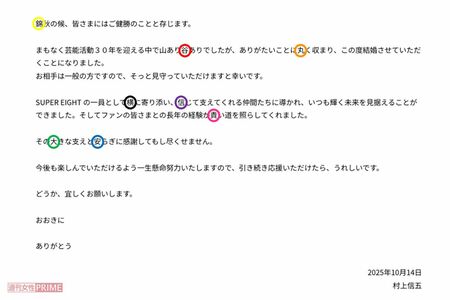 SUPEREIGHT・村上信五の結婚発表文に隠された“粋な計らい”（公式HPより、※色付けは編集部）