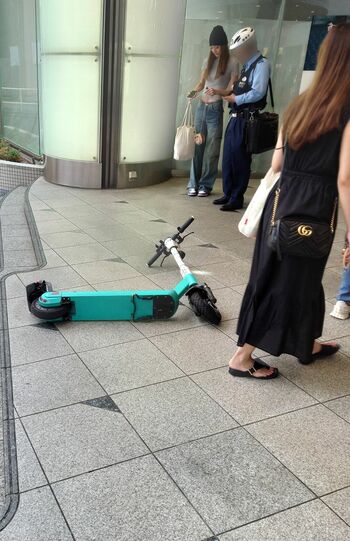 東京・池袋駅近くの歩道上で電動キックスケーターを運転中に60代の女性に衝突した直後に一般人によって投稿されたもの（Xより）
